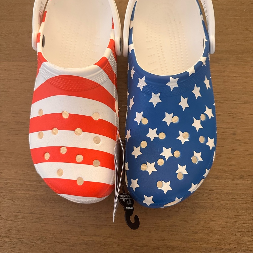 CROCS Red and Blue Starry Striped Clogs
